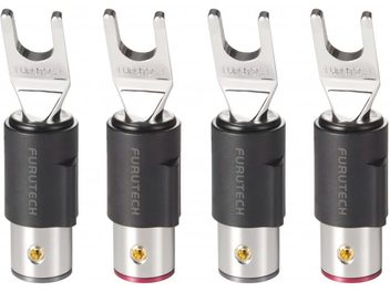 Fire rhodium-platede Furutech FT-211 bananplugger, frontvisning, gullbelagte kontakter, svarte sylindriske kropper med logo