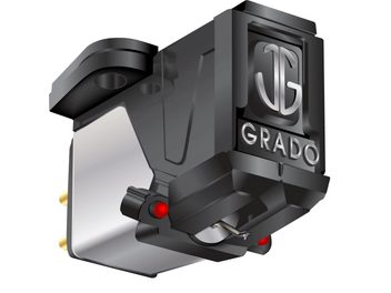 Černá gramofonová přenoska Grado Red 3, detailní pohled zepředu, s červeným ramenem a hrotem.