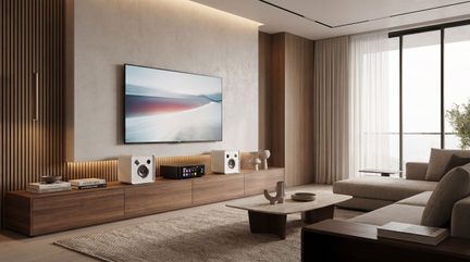 Hi-fi system with two white speakers and a black amplifier on a low cabinet, beneath a television in a beige living room