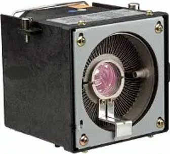 JVC videoprojektorlampe til DLA-HD1/DLA-HD100, sort og grå metallic firkantet kabinet med rund gitter, set forfra