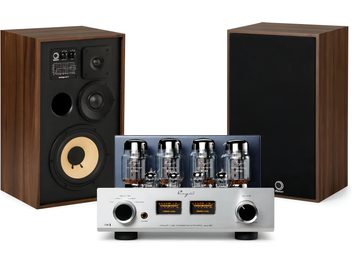Pachet audio Elipson cu pereche de boxe de bibliotecă din nuc și amplificator cu lămpi argintiu, vedere din față