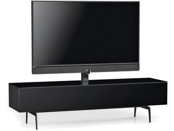 Sonorous STA361 svart audio-video-møbel i glass og metall med lakkert finish, lav rektangulær form med integrert sentralt TV-stativ og fire slanke ben, sett fra trekvart forfra
