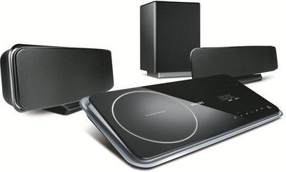 Philips HTS-6520 hjemmebiograf-system, DVD-afspiller-base, 2 satellithøjttalere, subwoofer, skinnende sort
