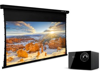 Schwarze motorisierte Projektionsleinwand mit schwarzem Valerion-Videoprojektor, Frontansicht im Winkel vor weißem Hintergrund
