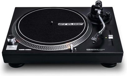 Reloop RP 1000 MK2 sort pladespiller, set ovenfra, rund pladespiller, tonarm, potentiometre og justeringsknopper