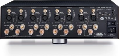 8-kanals effektforstærker Primare A35.8 sort, set forfra, 8 drejekontakter, 16 RCA-stik, 1 XLR-stik