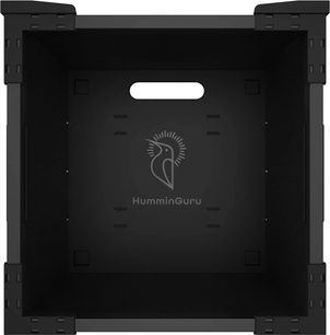 HumminGuru FlexiCube módulo de almacenamiento negro vista interior cuadrada con logotipo central y paredes texturizadas