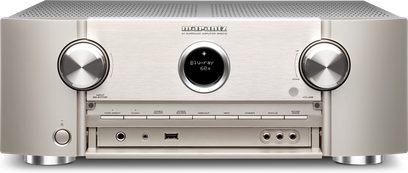 Domácí kino Marantz SR6015 ve zlatém stříbře, pohled zepředu, modrý displej "Blu-ray 68w", stříbrný panel, 3 otočné knoflíky