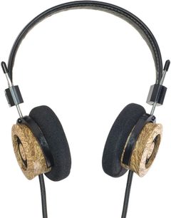Åpen hi-fi hodetelefon Grado Hemp, sett forfra, svart hodebøyle, sirkulære øreklokker i tre, svarte puter, flettet kabel