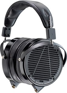 Audeze LCD-X atviro tipo aukštos kokybės ausinės, vaizdas iš šono, planarinio magnetinio tipo garsiakalbiai, lankelis ir pagalvėlės iš juodos odos