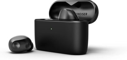 Auricolari wireless Sennheiser Momentum True Wireless 5 neri con custodia di ricarica aperta e spia verde