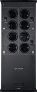 Strømrenser Taga Harmony PC-8000DC sort, set forfra, 8 cirkulære stik, 2 USB-porte, synlige afbrydere