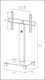 TV-møbel på metalben med glashylde, set forfra med mål i millimeter, 1160 mm høj, 650 mm bred, 500 mm dyb