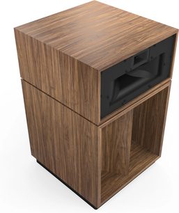 Reproduktorová sestava Klipsch La Scala AL6 v ořechovém provedení, pohled z horního úhlu s ořechovou úpravou, černým předním panelem a designem s pavilonem