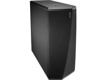Subwoofer Denon DSW-1H nero, vista frontale prospettica, forma esagonale, logo argentato in alto a destra