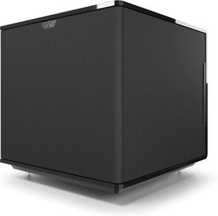 Subwoofer MartinLogan Grotto 15 v černém laku, tříčtvrteční pohled s celou černou mřížkou