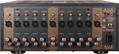 Tonewinner AD8300 PA multikanals effektforstærker set bagfra med højttalerterminaler og XLR/RCA-indgange