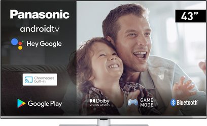 Panasonic TX-43LX660E 43-tommer tv, der viser en Android TV-reklame med en smilende far og datter