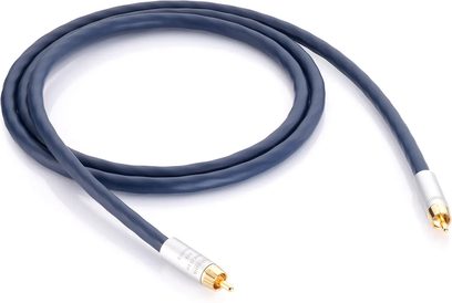 Kabel pro subwoofer Inakustik Connect 212 Sub-Mono 3 m, tmavě modrý PVC plášť, pozlacené RCA konektory s válcovými hliníkovými kroužky ve stříbrné barvě, pohled shora
