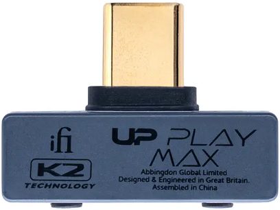 Sinakashall iFi Audio UP Play Max juhtmevaba saatja kullavärvi USB-C-pistiku ja esiküljel oleva K2 logoga