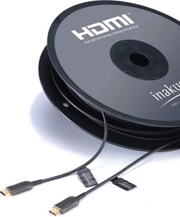 HDMI kabel Inakustik HDMI 2.0 optické vlákno 10 m černý, HDMI konektory pozlacené, na černé cívce se šedým štítkem