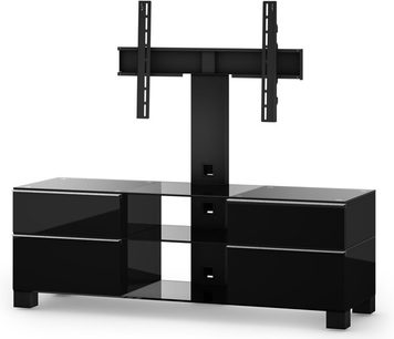 Blankt sort TV-møbel med 2 glashylder, 2 skuffer og central TV-holder på sort metalfod, set forfra