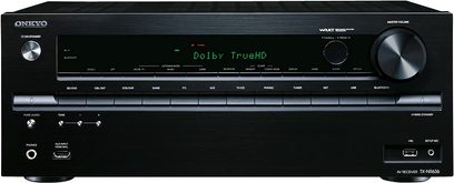 Onkyo TX-NR636 sort home-cinema-forstærker set forfra, "Dolby TrueHD"-display, knapper og stik på forsiden