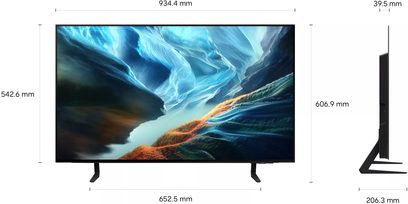 Televizor Samsung TQ42S92H 2026, pohled zepředu a z profilu, tenká obrazovka s černými rámečky a dvěma černými bočními nožkami