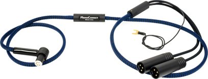 Kabel Thorens PhonoConnect PHS 150 DIN-XLR 1,5 m modrý a černý v nylonové opletené pochvě, pohled shora, vybavený 5pinovým úhlovým DIN konektorem, dvěma XLR samečky, zemnící vidlicí a válcovým signálovým pouzdrem