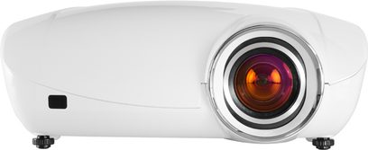 Mitsubishi HC7000 hvit videoprojektor, frontvisning, rund linse i midten omgitt av en rød og oransje ring