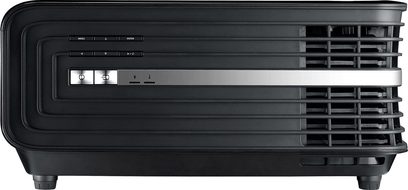 Optoma UHD65 sort videoprojektor, set forfra, ventilationsgitter, kontrolknapper, tilslutningsporte