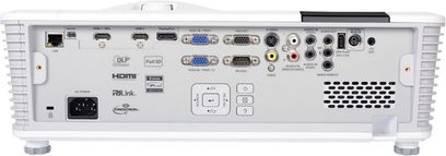 Optoma EH515 hvid projektor, set bagfra, med HDMI-, VGA-, RS-232-, RJ45-, USB-porte, lyd ind-/udgang og strømforsyning