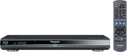 Panasonic DMP-BD55 Blu-ray-afspiller, set forfra, sort farve, frontpanel med display, knapper og fjernbetjening