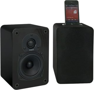 Tangent Evo E4i sort lakeret dockingstation med to matchende rektangulære højttalere, set forfra