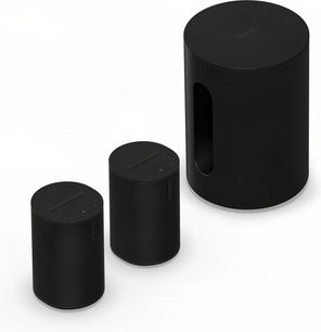 Sæt Sonos 2x Era 100 SL og Sub Mini subwoofer sort, kompakte cylindriske højttalere på hvid baggrund