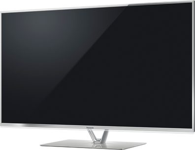 Panasonic TX-L55DT60E 55 tommer fladskærms-LED-TV, set forfra, slukket, med smal sølvfarvet ramme, på metalfod