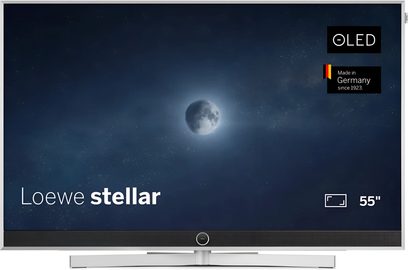 Loewe Stellar 55 DR+ zilveren televisie, vooraanzicht, OLED-scherm met dunne rand en geïntegreerde soundbar