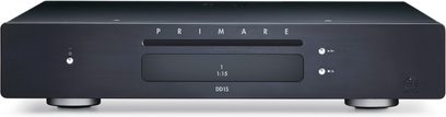 Lecteur CD Primare DD15 noir, vue de face, affichage numérique "1 1:15", boutons de contrôle, ports de connexion à l'arrière