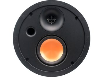Klipsch SLM-5400-C in-ceiling speaker, front view, circular shape, orange woofer in the center surrounded by a black tweeter, matte black protective grille