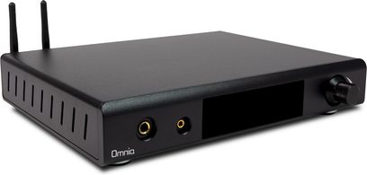 Nuprime Omnia A300SE sort hi-fi stereoforstærker, frontvisning, 2 Wi-Fi-antenner, forgyldte stik og knapper, LED-display