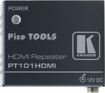 HDMI-switch Kramer PT-101HDMI sort, frontpanel med stik og indikatorer, set forfra