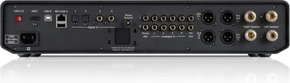 Cyrus 80 AMP, black integrated stereo amplifier, rear view with XLR inputs, HDMI eARC and speaker terminals