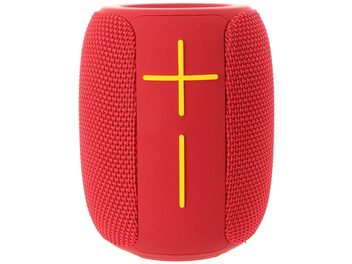 Enceinte bluetooth Yourban Getone 25 rouge, vue de face, forme cylindrique, tissu maillé, boutons jaunes en croix