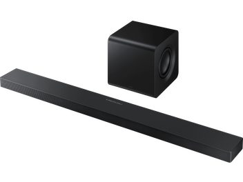 Soundbar Samsung HW-QS710F 2025 nera con griglia metallica e subwoofer cubico nero, vista a tre quarti