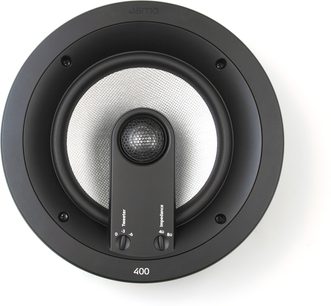 Jamo IC408 FG rund indbygningshøjttaler, gråt gitter, centreret diskanthøjttaler, bashøjttaler, sorte knapper