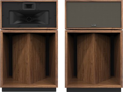 Sloupcový reproduktor Klipsch La Scala AL6 ořech, přední pohled, povrchová úprava dřevo ořech, černý reproduktor, texturovaný kryt vpravo