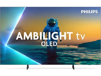 Телевізор Philips 77OLED810 чорного кольору з тонкою пластиковою рамкою, OLED-екраном 77 дюймів, на якому зображено астронавта з текстом «AMBILIGHT tv OLED», вид спереду на двох компактних підставках
