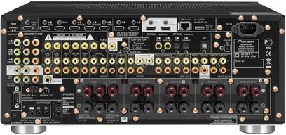 Pioneer SC-LX86 sort hjemmebiografsforstærker, frontpanel, frontvisning, mange stik og knapper, digitalt display