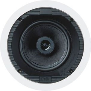 Indbygget Bowers & Wilkins CCM 616 højttaler, set forfra, cirkulær sort gitterdæksel med central diskant, sort ramme