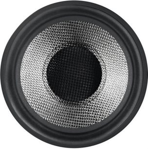 Bowers & Wilkins DB3D sort lakeret baskabinetfrontvisning tæt på den cirkulære højttaler bag metalgitteret